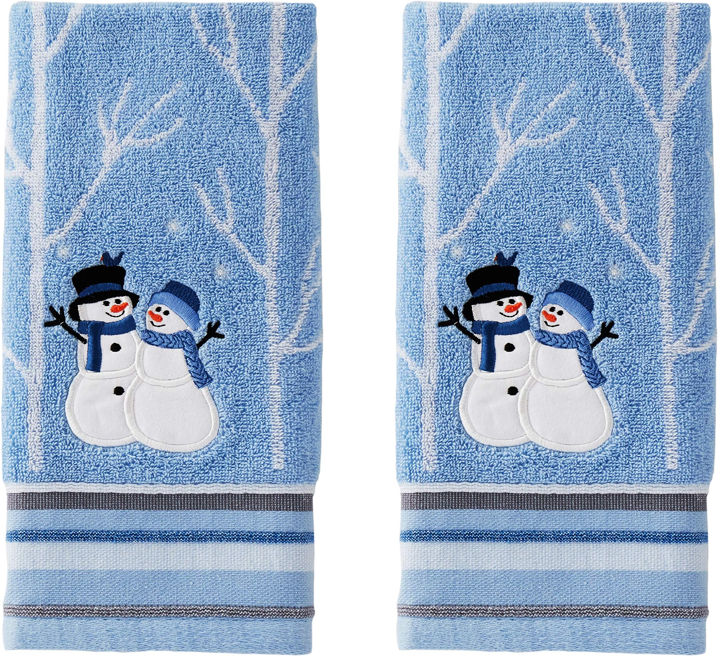 Christmas Winter Friends Snowman Hand Towel 2pc Set for Bath/Kitchen & Gift, Blue