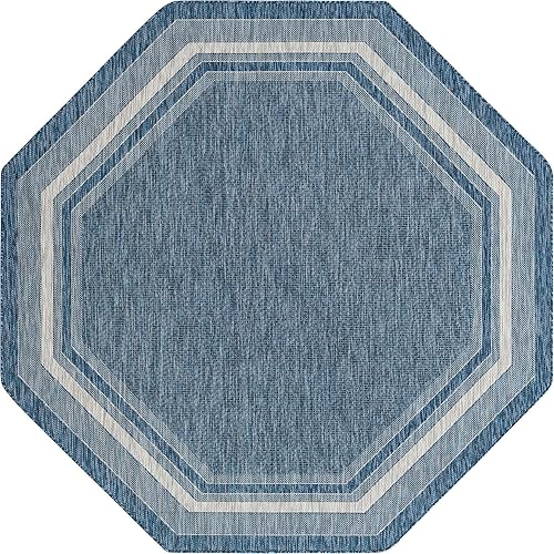 Vista 424 de Unique Loom - Colección Outdoor Border - Tapete para exteriores de borde suave - 5 pies 3 pulgadas x 8 pies, rectangular, azul/marfil azu/marfil