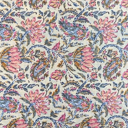 Miniatura 20 de AVKA Studio Tela estampada a mano por yarda, precortada de 3 yardas y 42 pulgadas de ancho, material 100% algodón, patrón floral blanco y azul, tela
