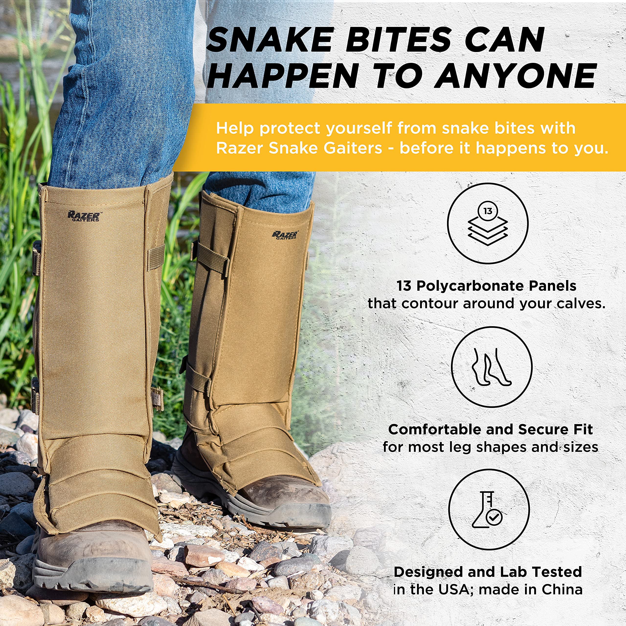 Razer Snake Gaiters for Hiking, Hunting - Snake Bite Protection Guards for Legs with Carry Bag, Heavy Duty, Adjustable Lightweight Flexible Design fits Men, Women - Lab Tested in USA