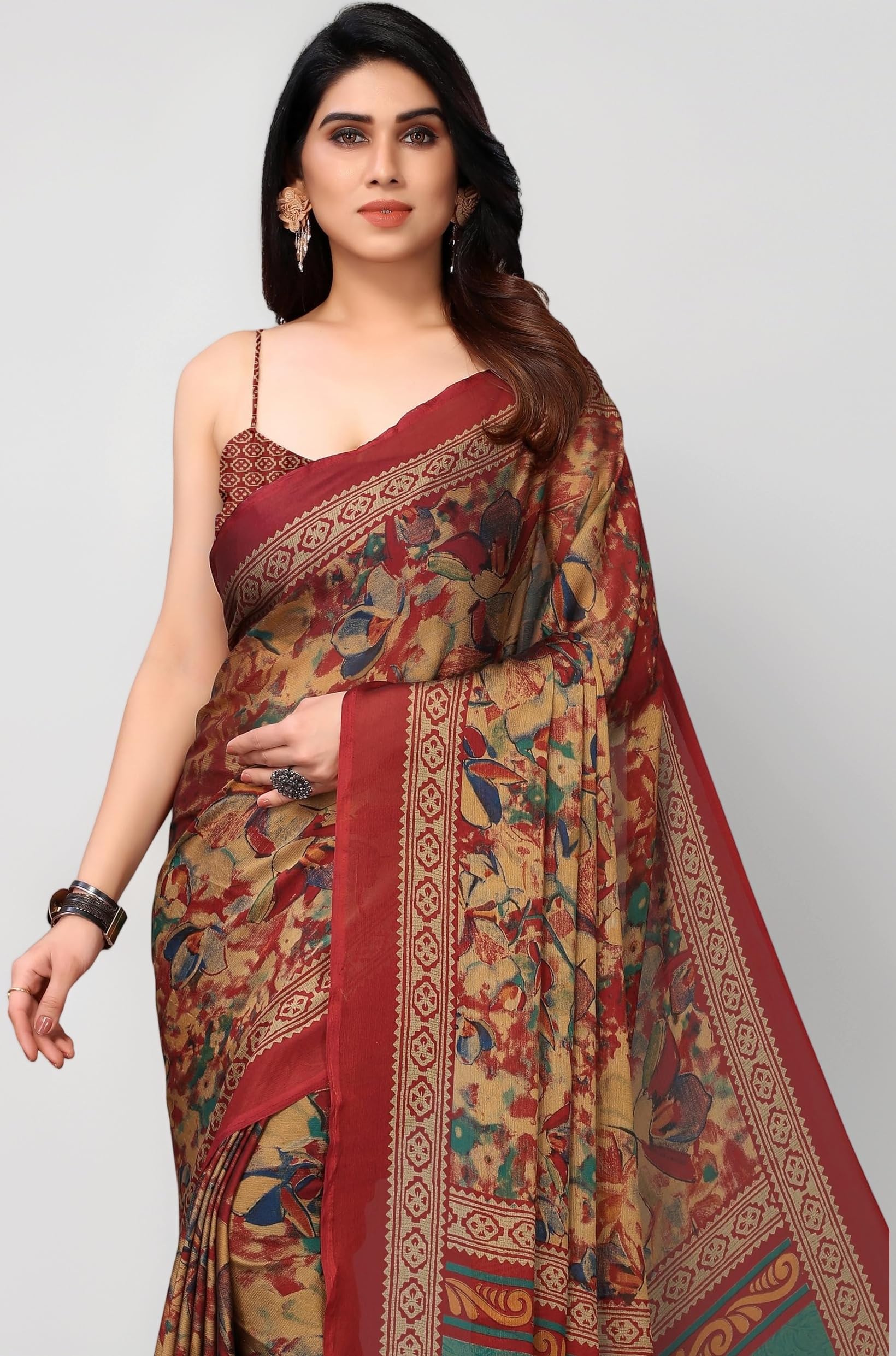 Women's Plain Weave Chiffon Ethnic Motif Printed Saree with Blouse Piece