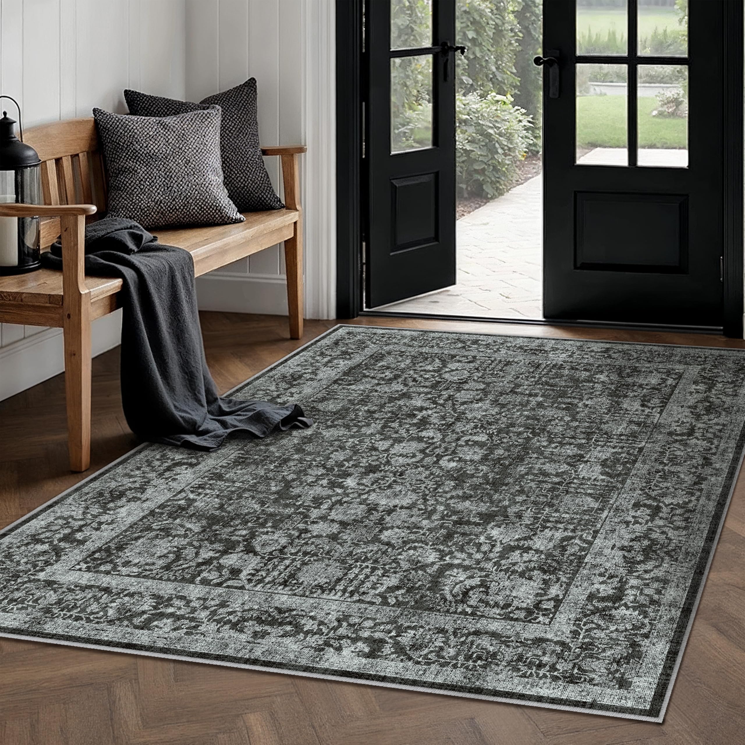 HUGEAR Vintage Tappeto Salotto Nero Tappeti 90x150cm Soggiorno Antiscivolo Lavabile in Lavatrice Tapette Camera da Letto Sala Ufficio Bambina Bambino Pelo Corto Grande Carpet