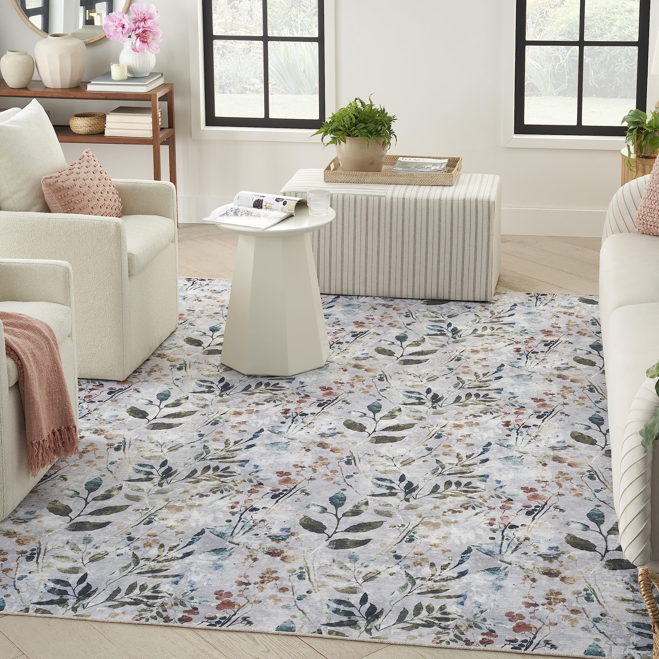 Nourison Washables Floral Grey Multicolor 6' x 9' Area -Rug, Easy -Cleaning, Non Shedding, Bed Room, Living Room, Dining Room, Kitchen (6x9)