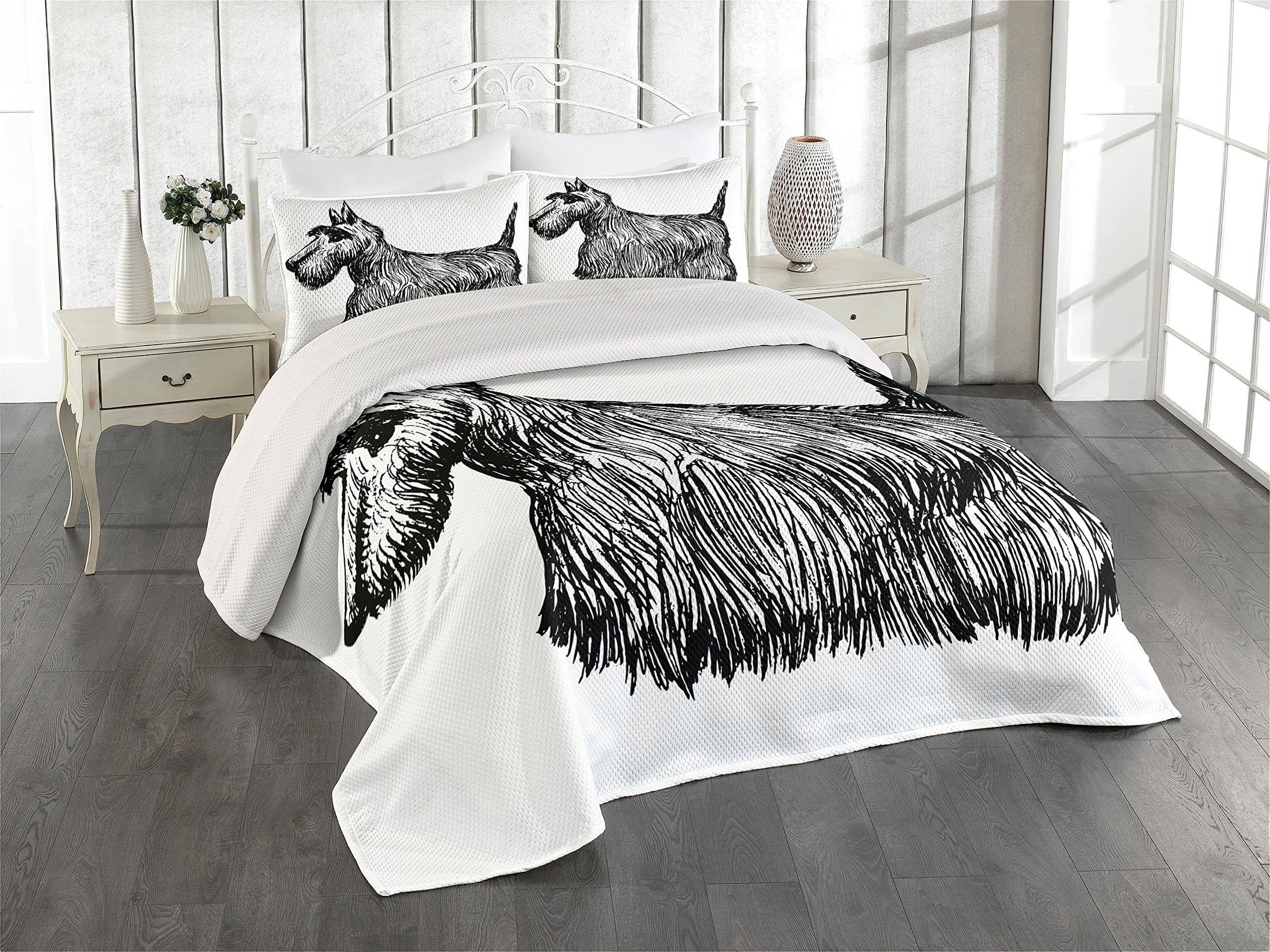 Ambesonne Scottie Dog Coverlet, Hand-Drawn Brush Stroked Illustration of Scottish Terrier, 3 Piece Decorative Quilted Bedspread Set with 2 Pillow Shams, Queen Size, Charcoal Grey and White
