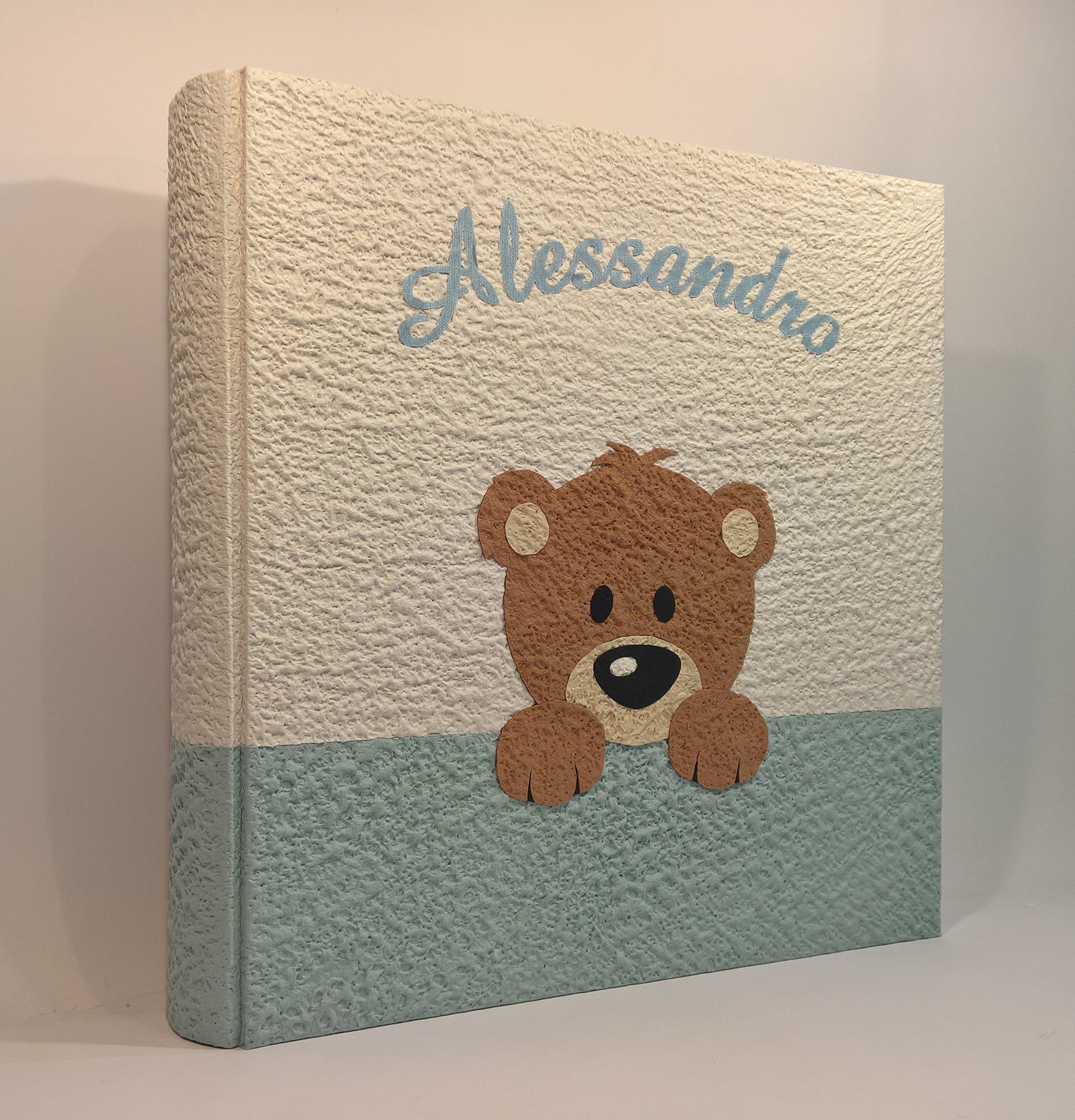 Album fotografico artigianale orsetto orso orsacchiotto cucciolo con nome personalizzabile regalo nascita bambino design legnoegrafite 35x35 cm con 60 fogli (120 facciate)