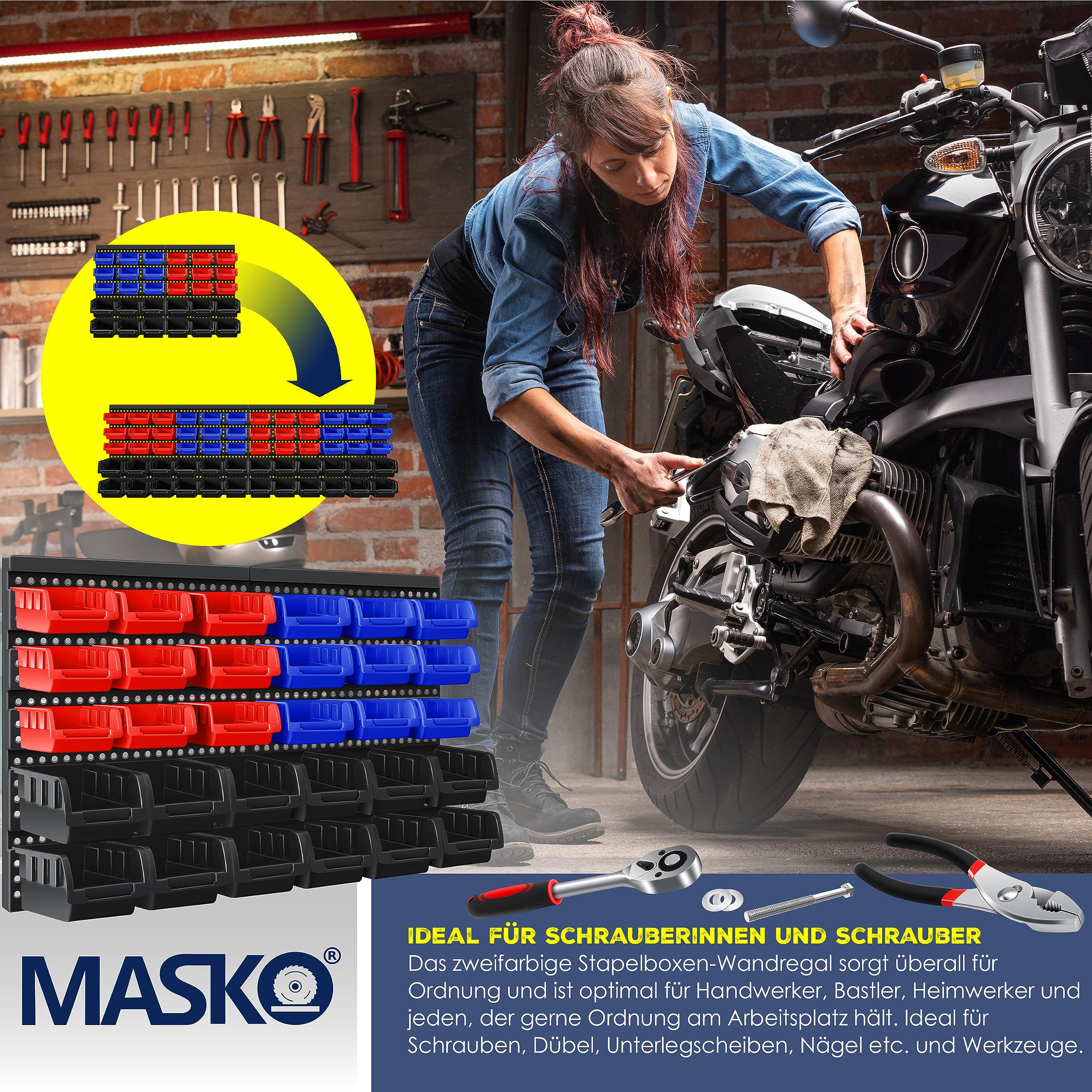 MASKO® Cajas Apilables, Estante de Pared, Cajas de Almacenamiento visibles, Estante Basculante, Estante Enchufable, 32 partes - Negro/Azul/Rojo