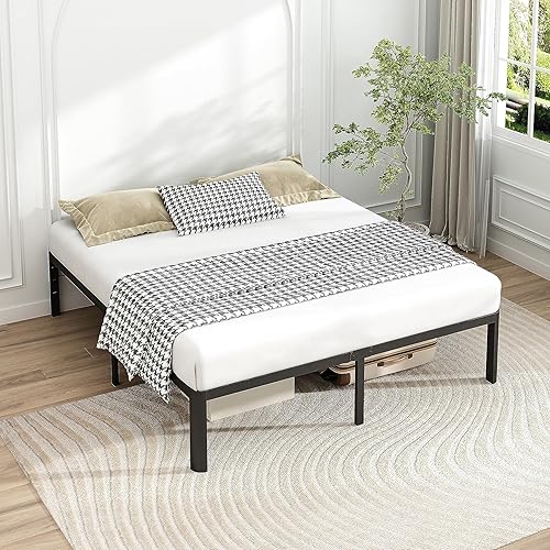 Miniatura 6 de Base de cama matrimonial de 14 pulgadas con esquinas redondas, marco de cama de plataforma de metal resistente, sin ruido, no necesita somier, fácil