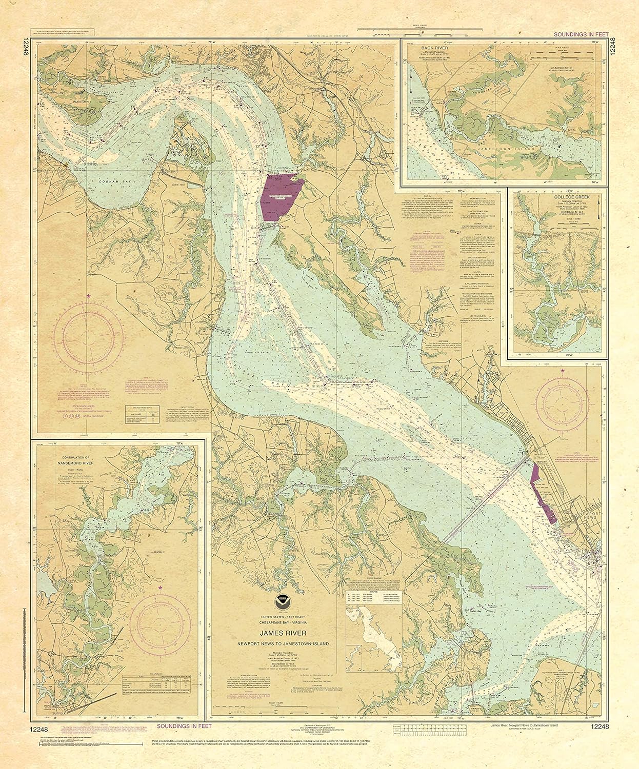 Paradise Cay Publications, Inc. Antiqued NOAA Chart 12248: James River Newport News to Jamestown Island; Back River and College Creek