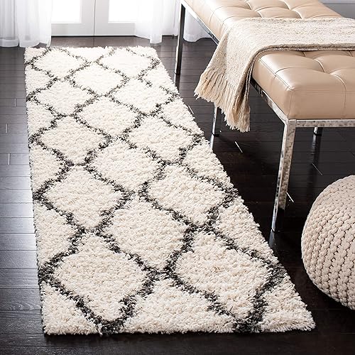 SAFAVIEH Dallas Shag Collection 2'3" x 10' Ivory / Dark Grey SGD257H Trellis Non-Shedding Living Room Bedroom Dining Room Entryway Plush 1.5-inch Thick Runner Rug