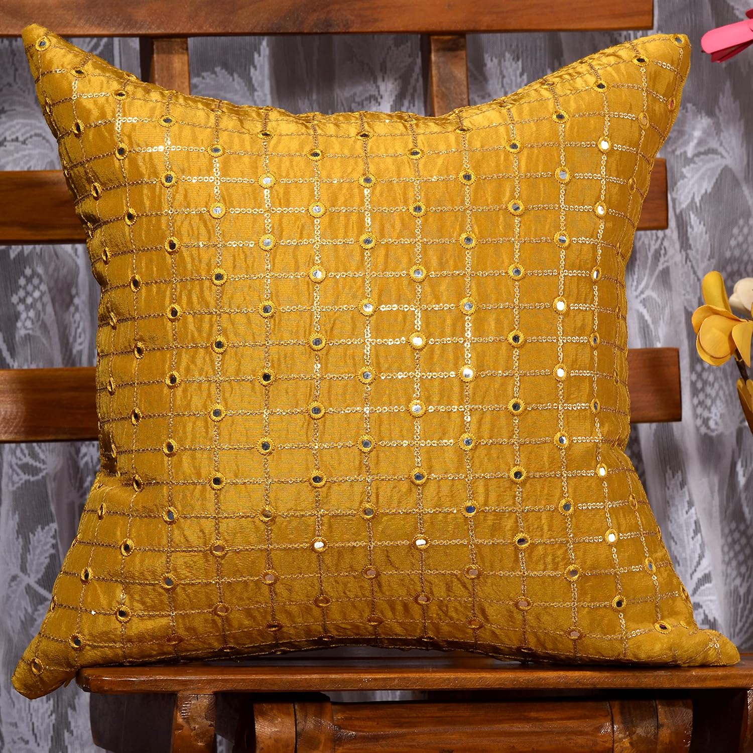 Gold Throw Pillows 18x18 Set of 2, Decorative Pillows for Couch, Embroidered Pillow Covers, Mustard Gold Pillow Covers