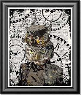 Steampunk Owl, Poster Print on Antique Dictionary book page, wall decor, Home decor, unique gift, Bird wall hangings, goggles