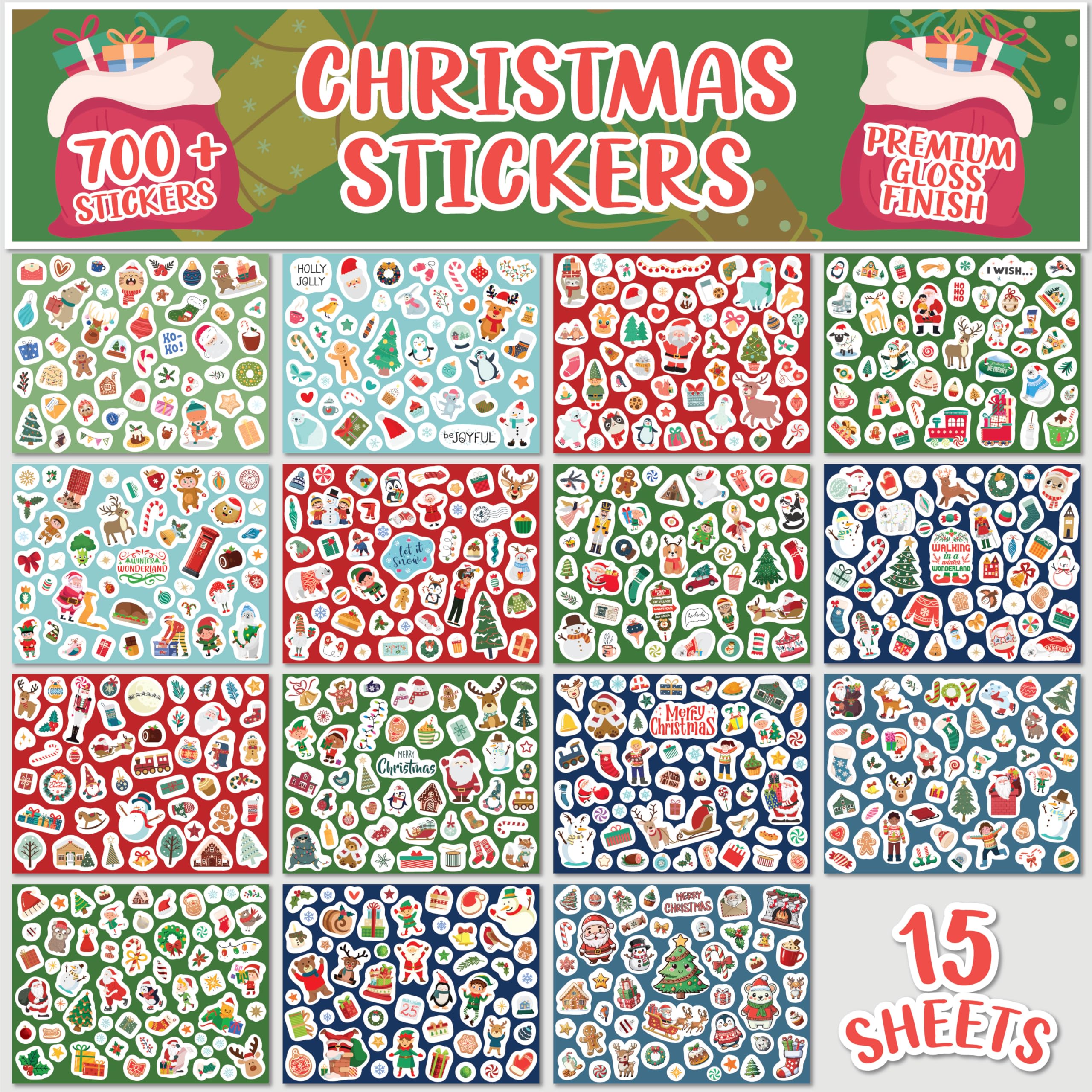 Christmas Stickers – Over 700 Premium Gloss Paper Stickers for Children – Festive Xmas Decorations for Crafts, Scrapbooks, Card Making, Party Bags & Stocking Fillers – Santa, Reindeer, Snow