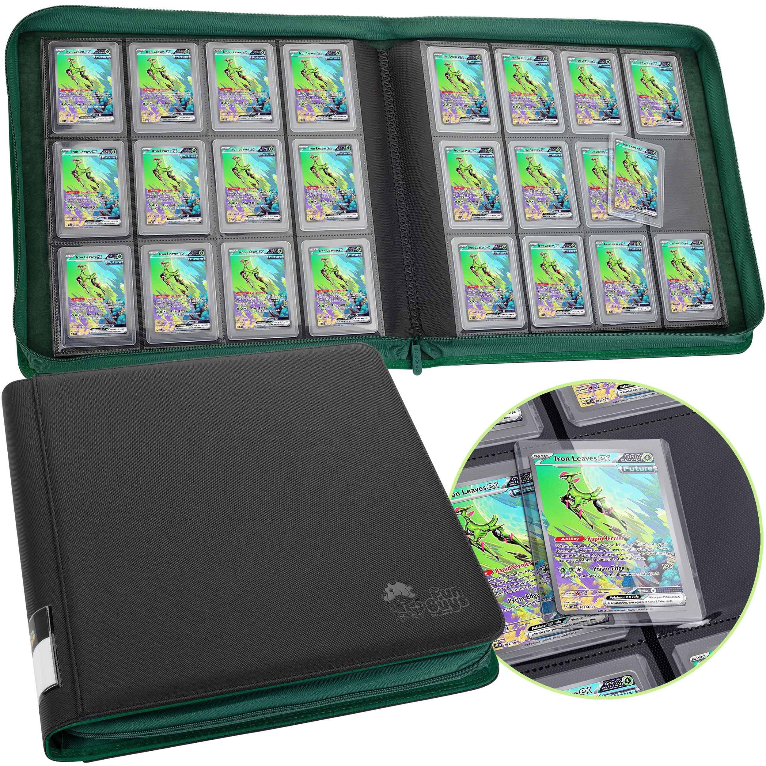 Funguys 12 Pocket - Black And Green Toploader Binder, 384 Card 12 Pocket Trading Card Binder Storage, Card Collection Binder For Yugioh, Mtg & Tcg Cards, Top Loader Card Folder For Collectors