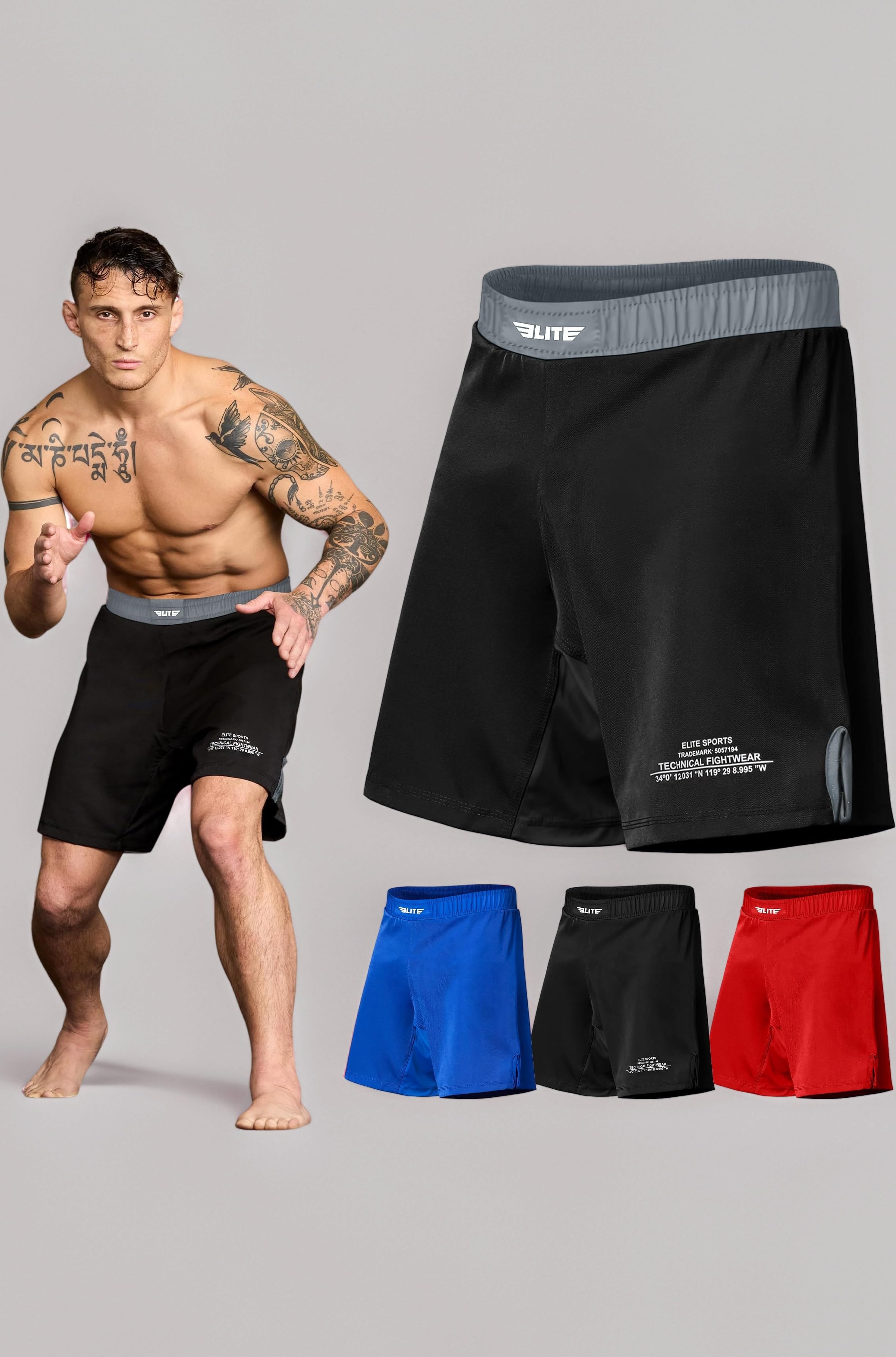 Elite Sports Menโs MMA Fight Shorts, Black Jack UFC, BJJ, No Gi, Grappling, Jiu Jitsu Shorts