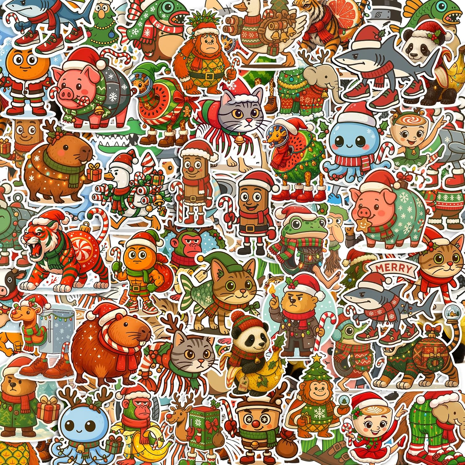 Italian Brainrot Animals Christmas Stickers, 150 PCS (1.2×1.6 in Each) Waterproof Vinyl Pack for Laptop Water Bottle Phone Case Skateboard Luggage Scrapbook, Holiday Meme Animal Decals