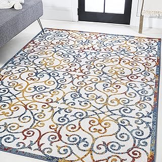 JONATHAN Y AMC110A-3 Atrani Scroll Trellis Indoor/Outdoor 3 ft. x 5 ft. Area Rug, Outdoor, Bohemian, Geometric, Modern, Transitional, Office, Living Room, Dining Room, Bedroom, Patio, Cream/Blue/Red