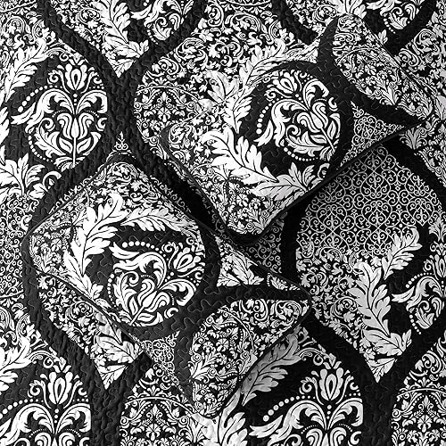 Miniatura 7 de Juego de edredón negro tamaño King, juego de colcha cubrecama de damasco bohemio, juego de ropa de cama de microfibra suave y ligera de 3 piezas