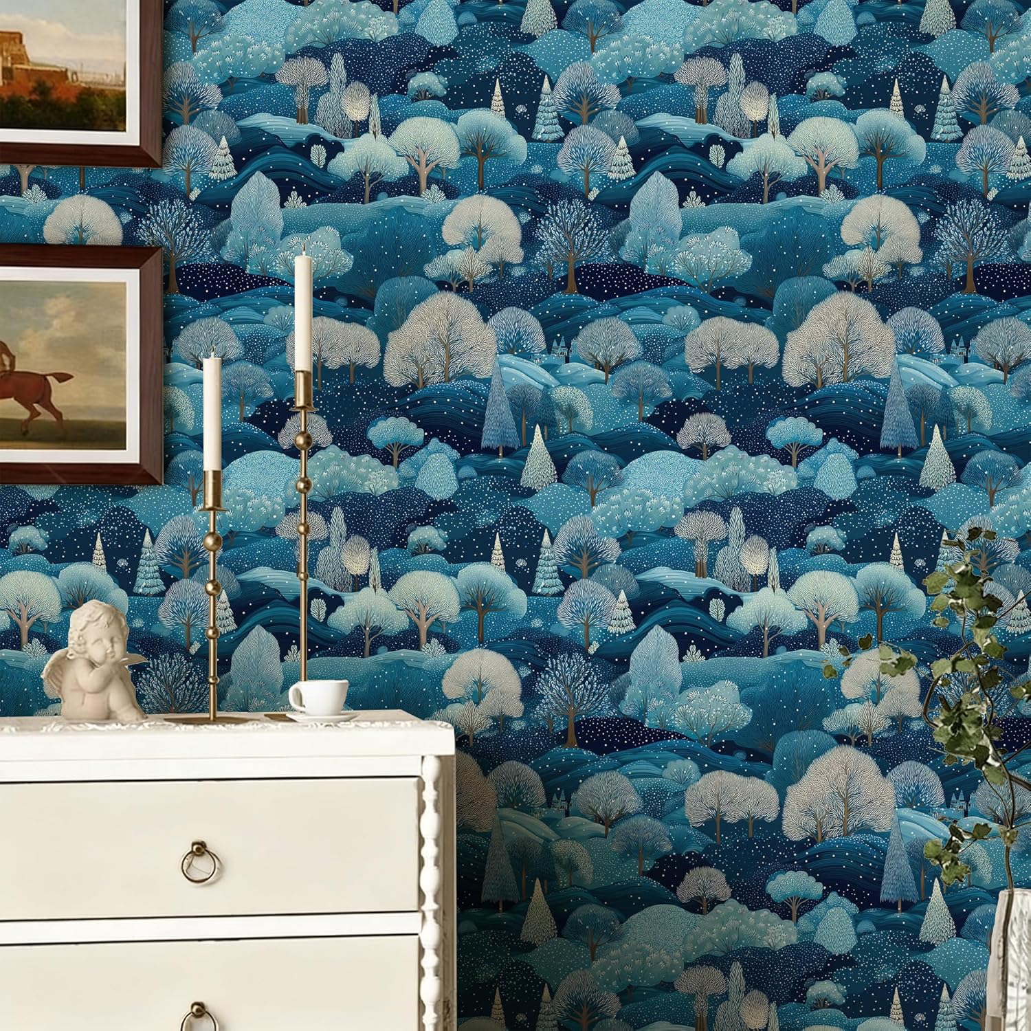 Wallpaper Peel and Stick, Self-Adhesive Vinyl Nature Themed - Dreamy Blue Forest Removable Mural Wall Decor for Bedroom & Study, 17.7x236 Inch