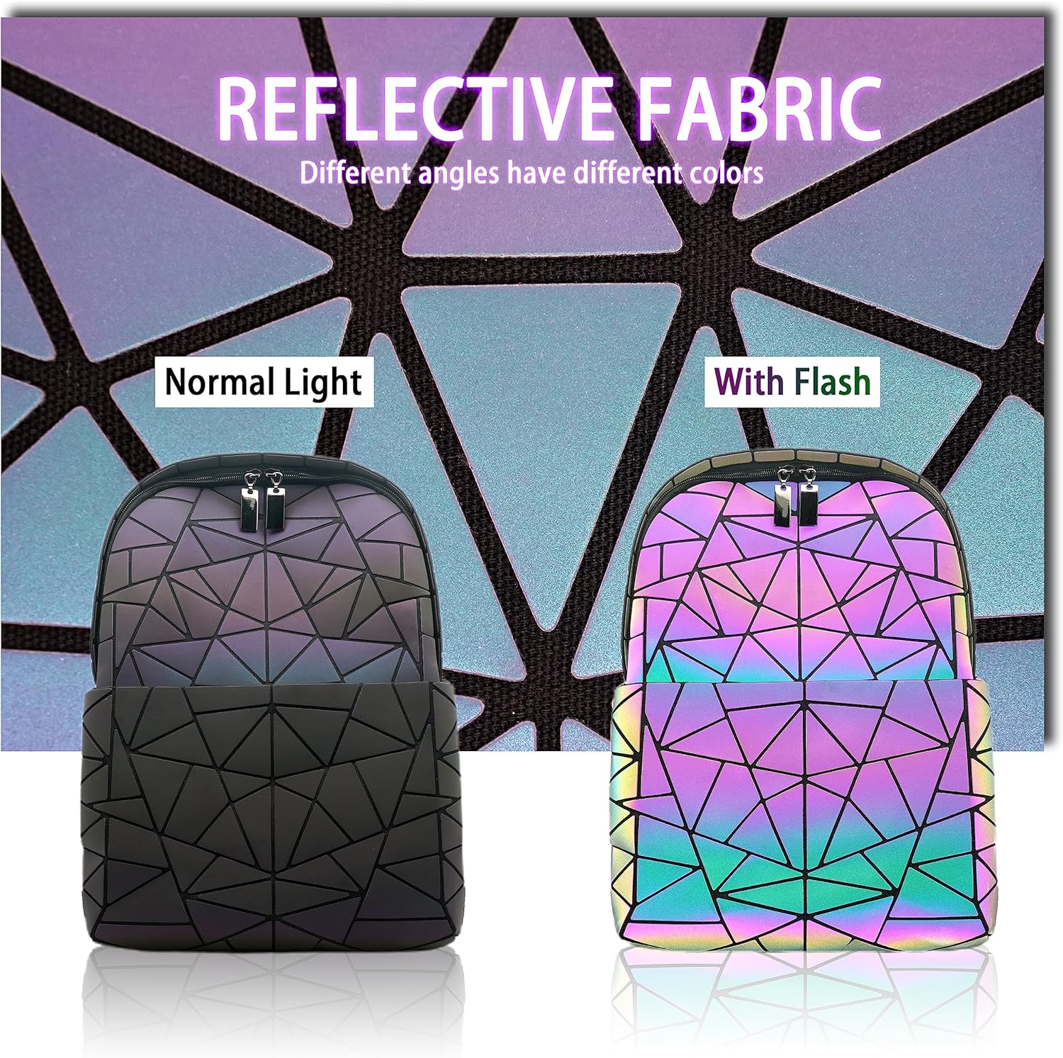 Geometric Women's Backpack Geometries Glow Large Iridescent Backpack Geometrical Luminous Bag Holographic Travel Bags Retro Daypack for Casual, College, Work - Image 3