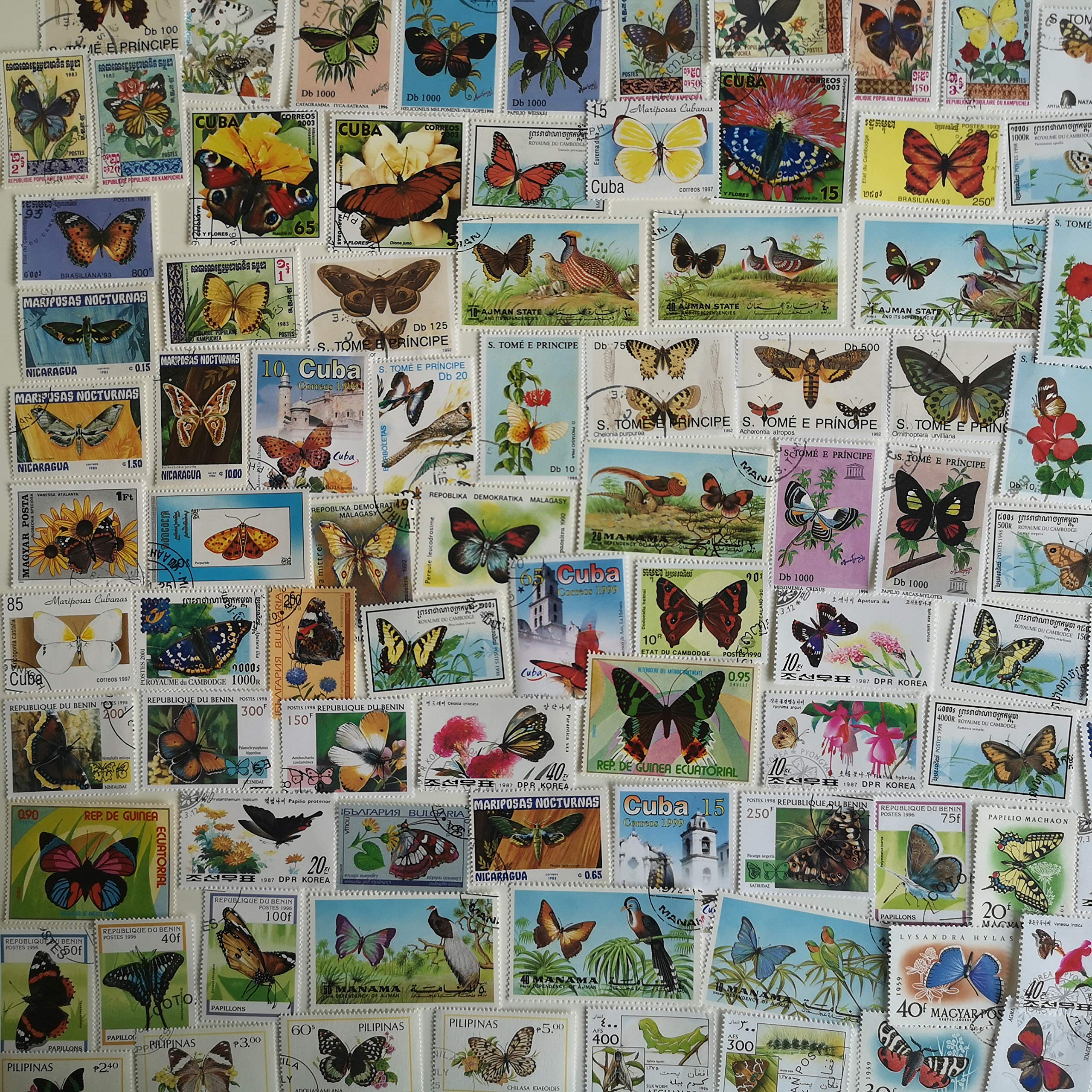 100 Different Butterfly & Moth Stamps Collection (Stamps for Collectors)