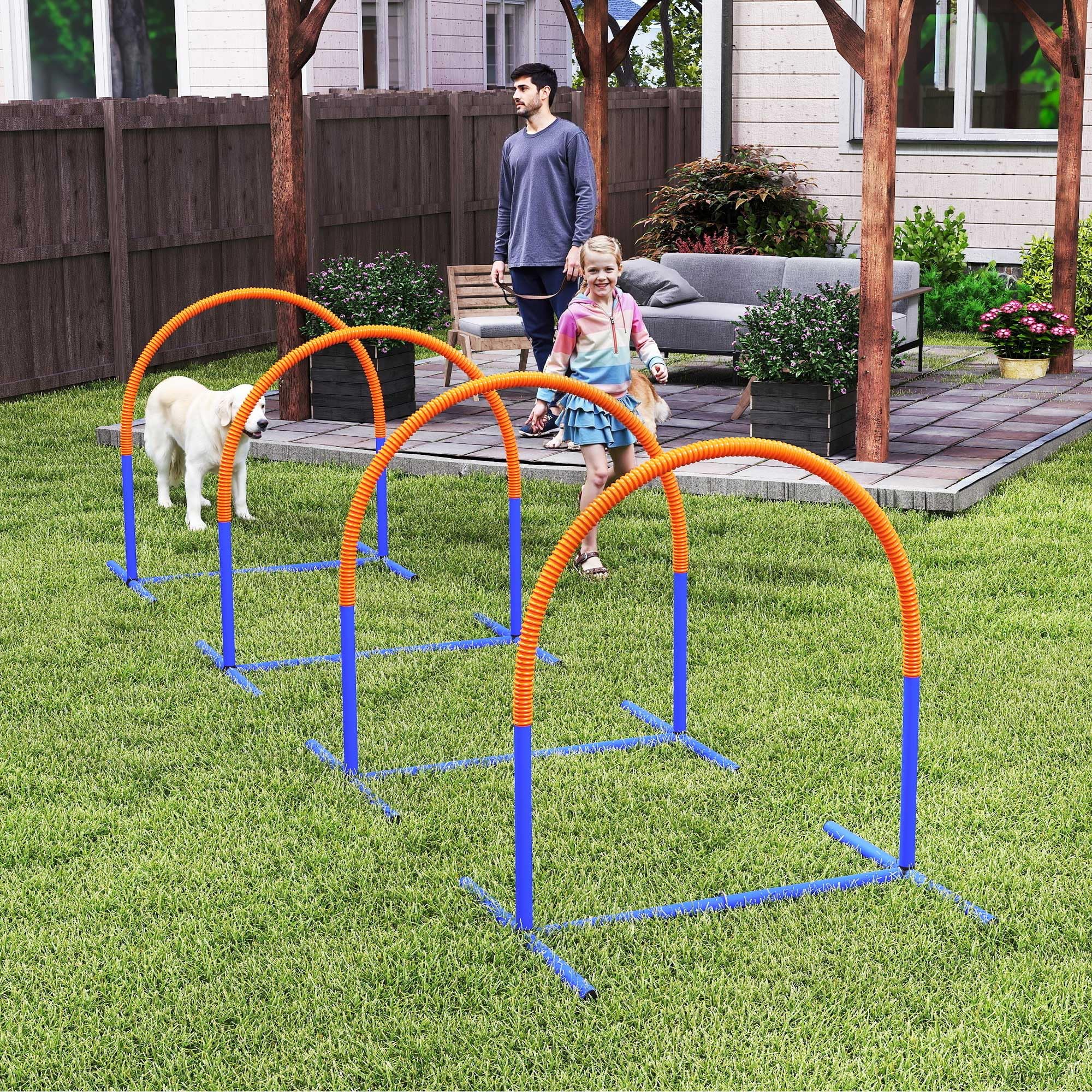PawHut Hunde-Agility-Trainingsgeräte, Hund Agility Set, 4-teilges Agilityset für ältere Hunde, Hundetrainigsset mit Tragetasche, Blau+Orange, 88 x 64 x 95 cm
