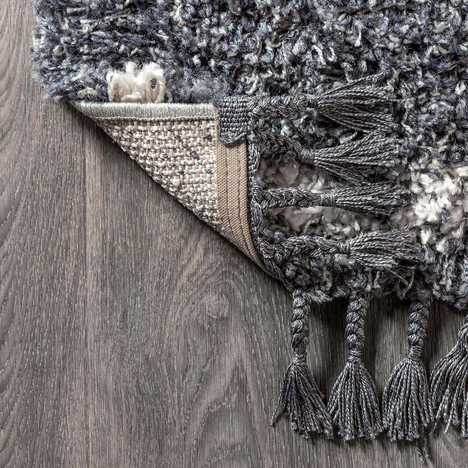 JONATHAN Y Mercer Shag Plush Tassel Denim Blue/Cream Runner Rug, 2x8, Moroccan Geometric Trellis, Bohemian, Easy-Cleaning for Living Room, Bedroom, Kitchen, Non-Shedding (MCR103A-28)