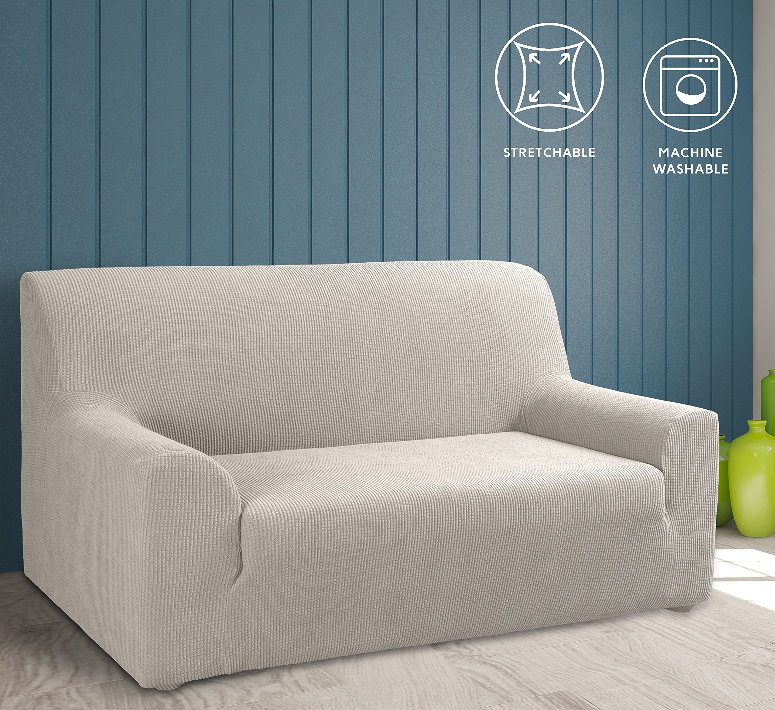 Tural – Fodera per Divano Elasticizzato Beige 2 posti. Copridivano Elastico. Protezione Contro Acari e Cimici. Disponibile in Diversi Colori e Dimensioni