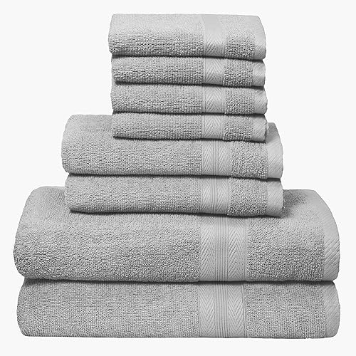BOUTIQUO Light Grey Towel Set - 8 Piece Bathroom Towel Set - 100% Ring Spun Cotton, 2 Bath Towel 27x54, 2 Hand Towel 16x28 and 4 Washcloth 13x13 - Ultra Soft Highly Absorbent Towel Set - Light Grey