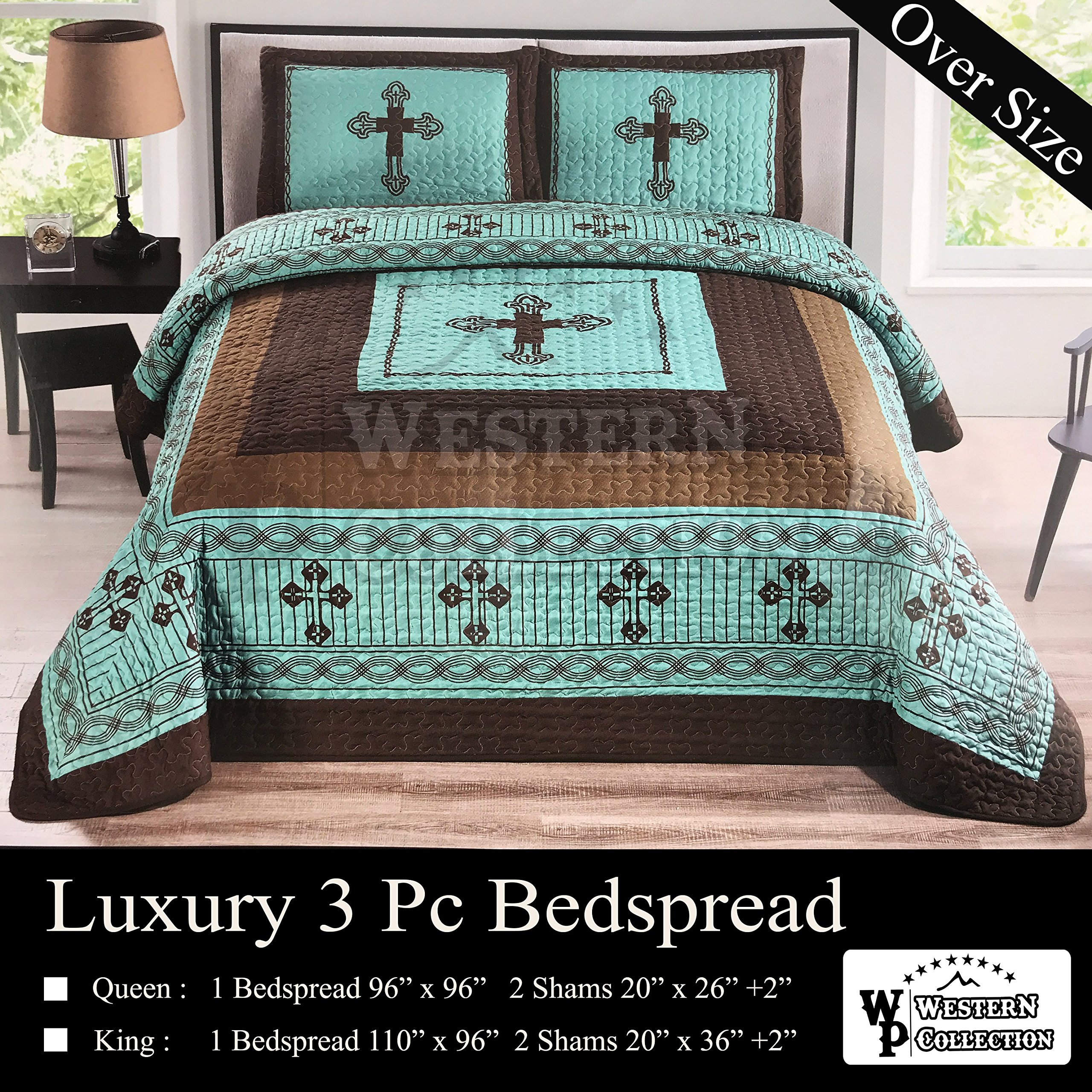 Western Peak 3 Pc Western Texas Cross Lodge Barbed Wire Quilt Bedspread Oversize Comforter (Turquoise, King)