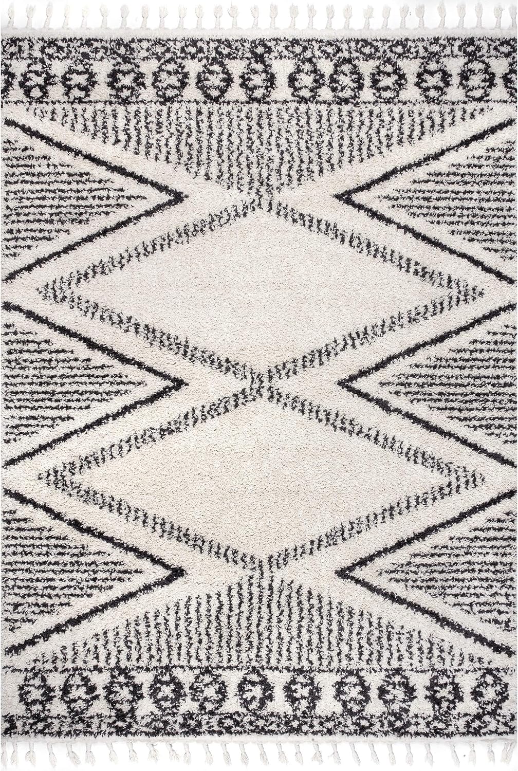 nuLOOM Cassia Moroccan Diamond Shaggy Tassel Area Rug, 8x10, Off-white