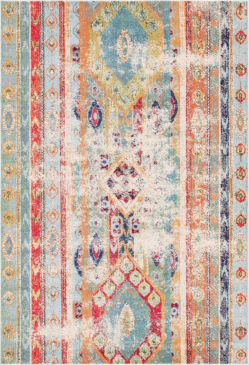 Blue and Beige Rectangular Flat Woven Synthetic Rug, 7x10 ft
