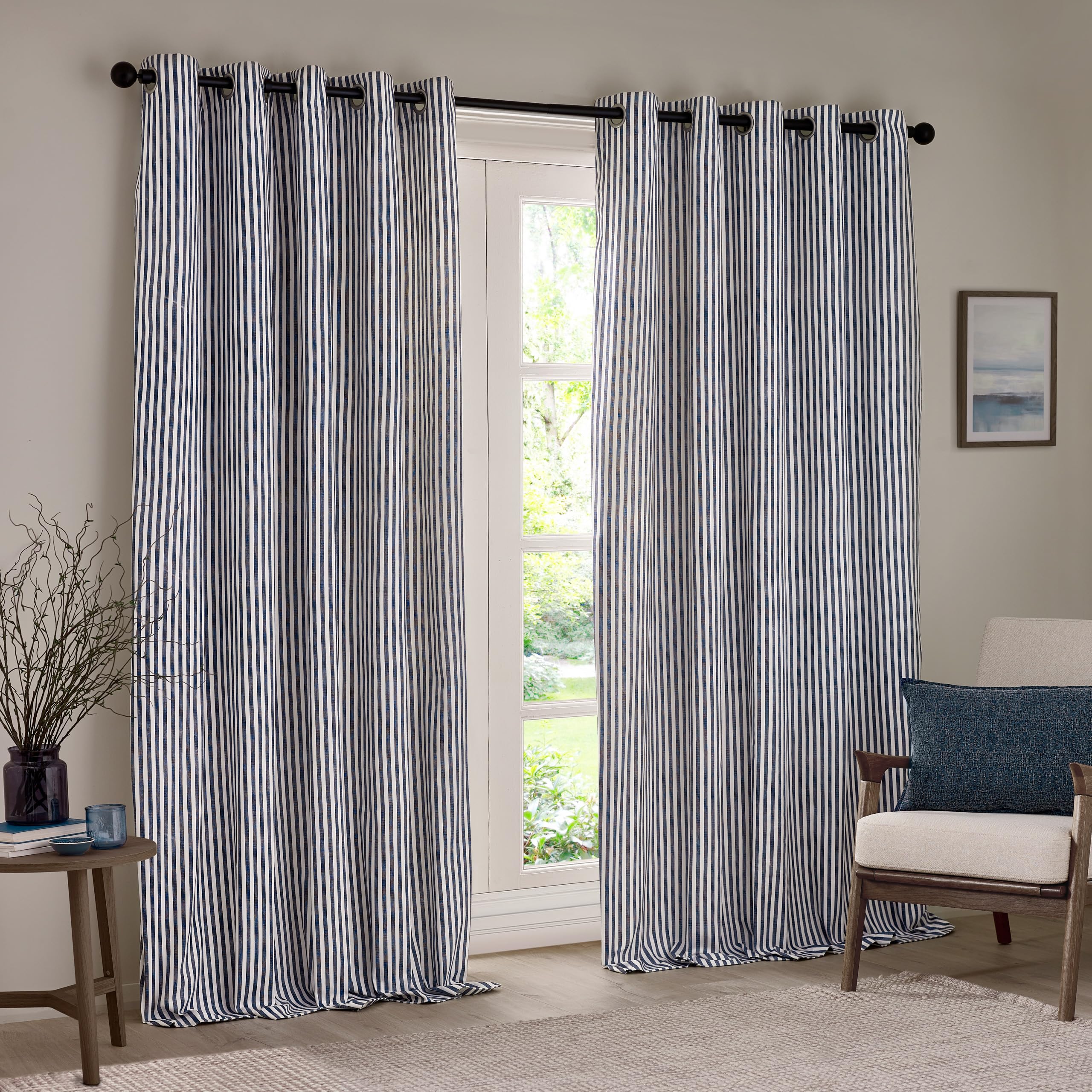 Yard furn Hebden Eyelet Curtain Pair - Ultra Soft Cotton Lined Striped Curtains (Navy - 229x137cm), W 90.2" x L 53.9" (2 Panels) - Image 2