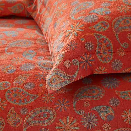 Miniatura 9 de Softta Juego de ropa de cama vintage con estampado de flores de cachemira roja, tamaño individual, juego de funda de edredón de 3 piezas, 100%