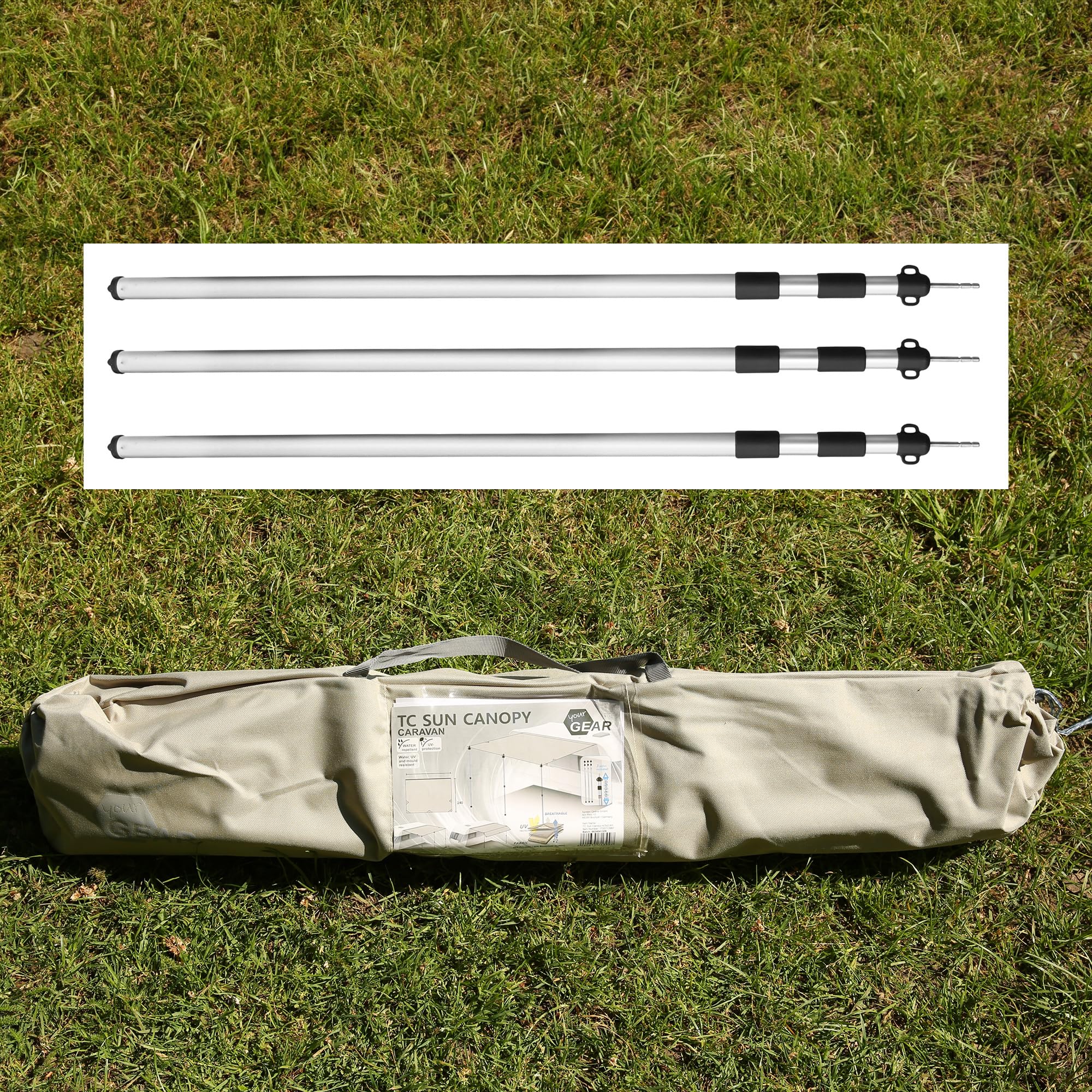 your GEAR Caravan Tarp TC Auvent de caravane - Voile d'ombrage en coton imperméable avec UV 50+, barres télescopiques en aluminium, 5 tailles, beige/sable, 400 x 240 cm