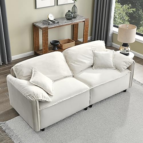 Miniatura 4 de Sofá moderno tapizado de terciopelo con marco de madera maciza, sofá de 3 plazas, sofá de lujo para sala de estar, apartamento, oficina (beige)