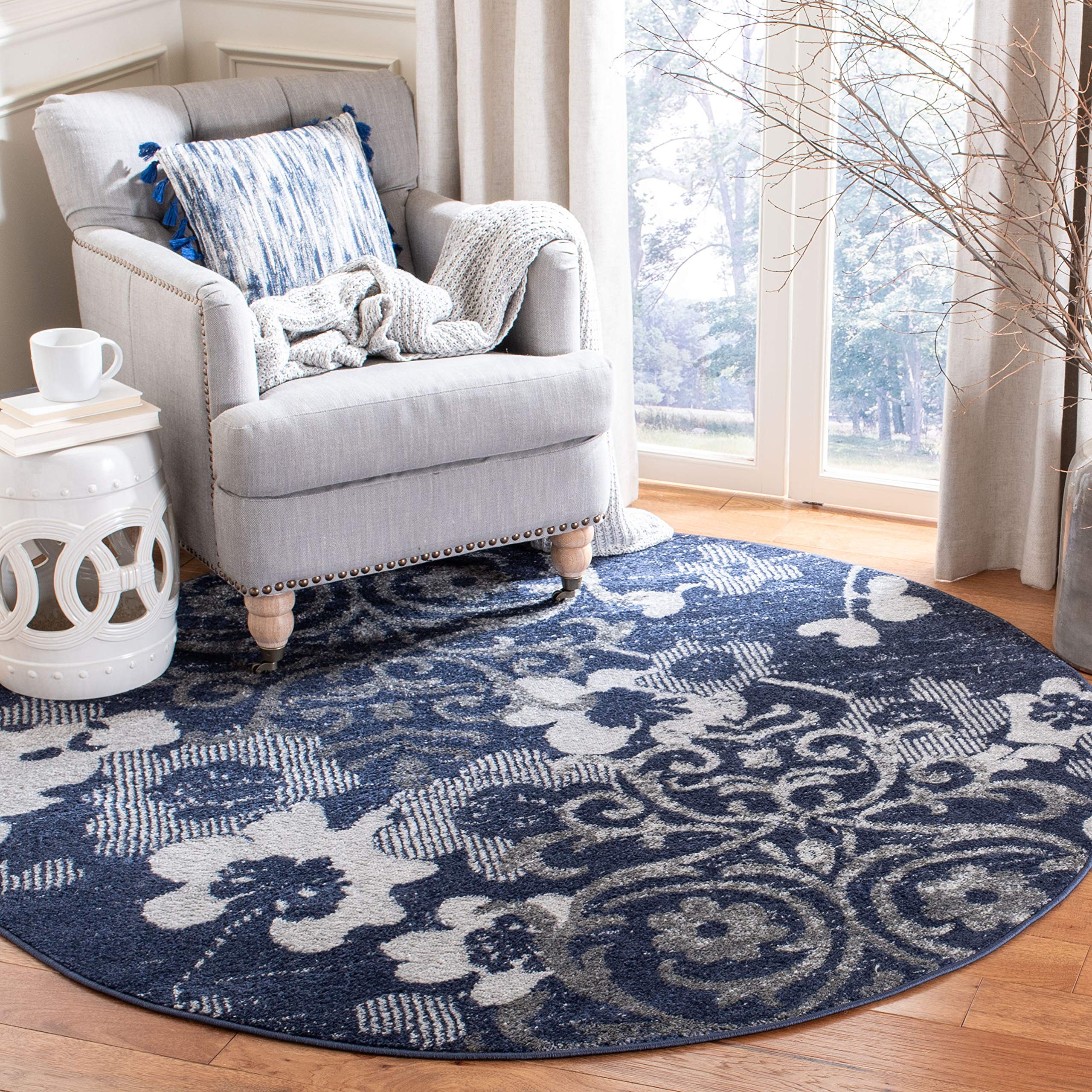 SAFAVIEH Adirondack Collection 8' Round Navy / Silver ADR114N Floral Glam Damask Distressed Non-Shedding Living Room Bedroom Area Rug
