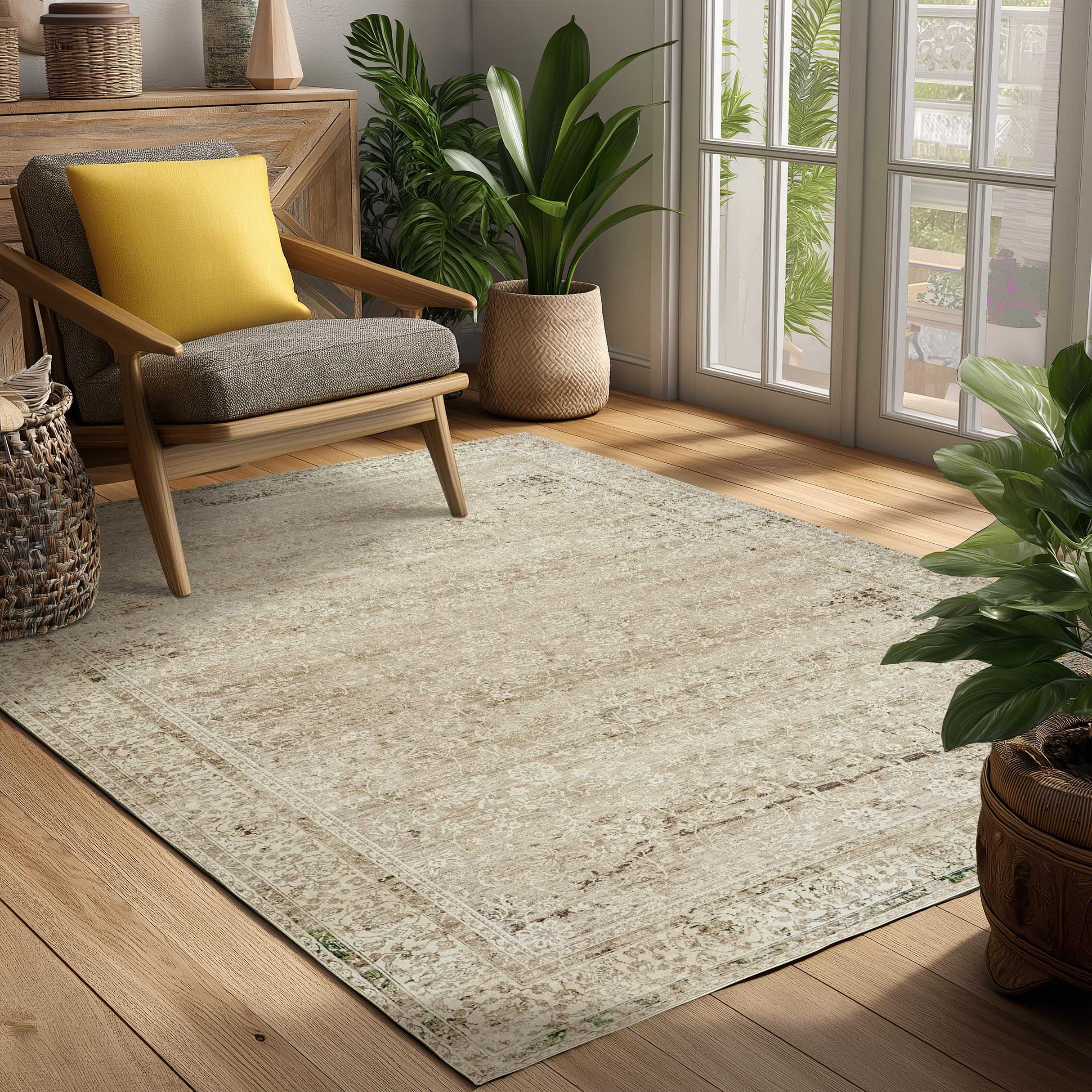 Cream and Light Tan Boho Front Door Mat for Indoor Entrance Washable Non Slip Cute Vintage Floral Aesthetic Area Rugs for Entryway Entry 4x6 โ image 1