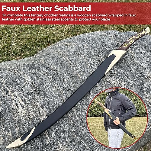 Miniatura 6 de MedievalDepot Espada de cimitarra de fantasía, hoja de acero inoxidable de 30 pulgadas, mango ABS, vaina de madera