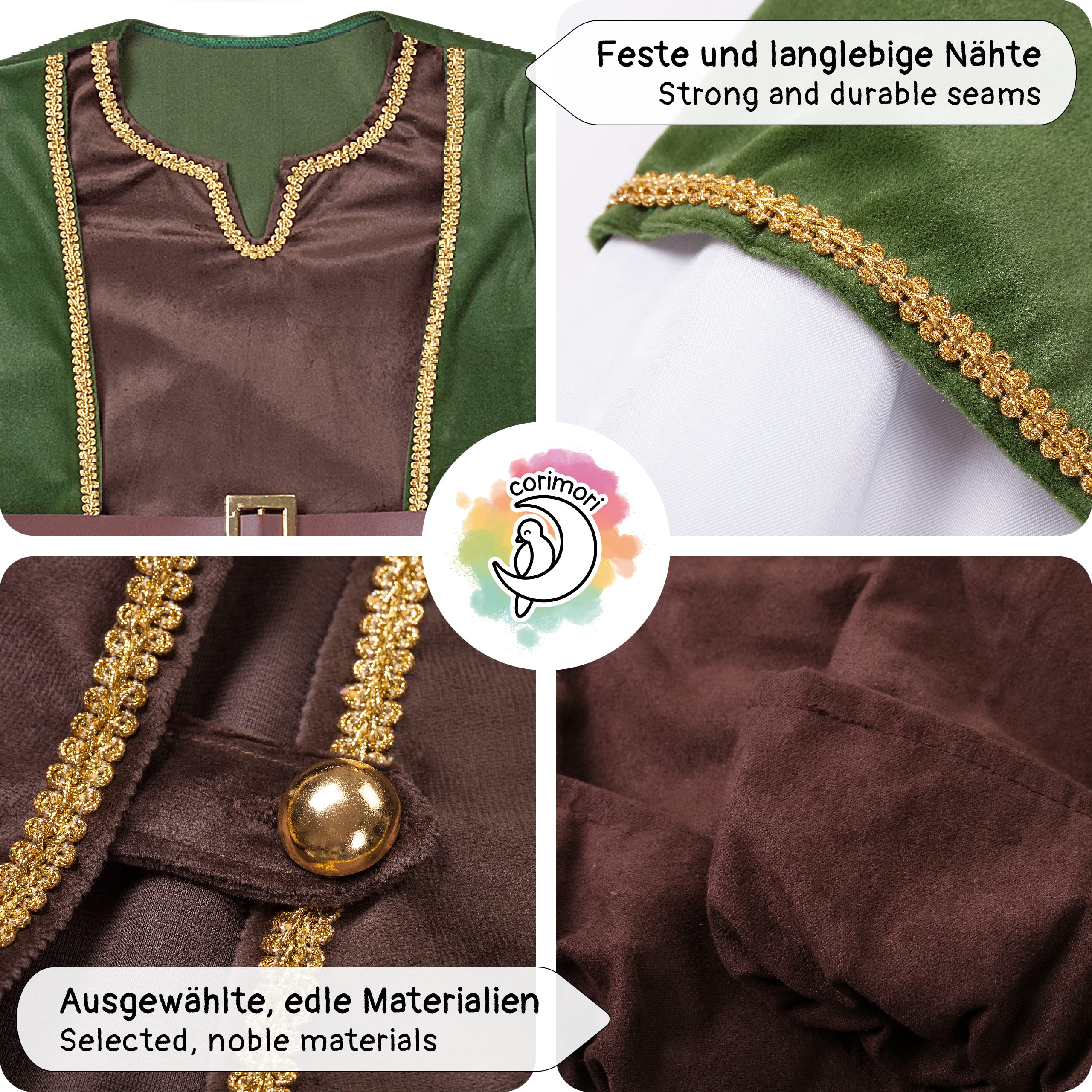 corimori Kinder Robin Hood Kostüm mit Pfeil und Bogen | Für Jungen & Mädchen | grün, braun