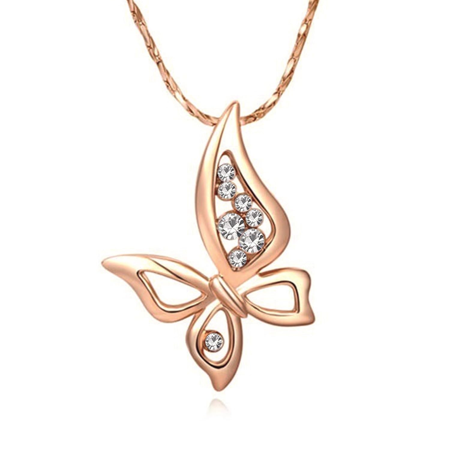 Rose Gold Plated Enchanting White Crystals Wispy Butterfly Pendant Necklace Suited For Women & Girls PD1000814D