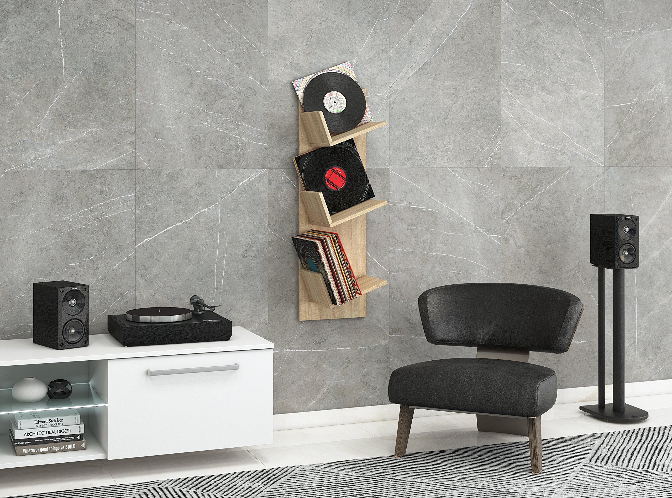 VCM Meuble Tourne Disque Vinyle, riles Vinyle, Meuble Rangement Vinyle Bois Livres Disques LP Étagère Suspendue Étagère Murale Deko Étagère Sulda Chêne Sonoma (scié)