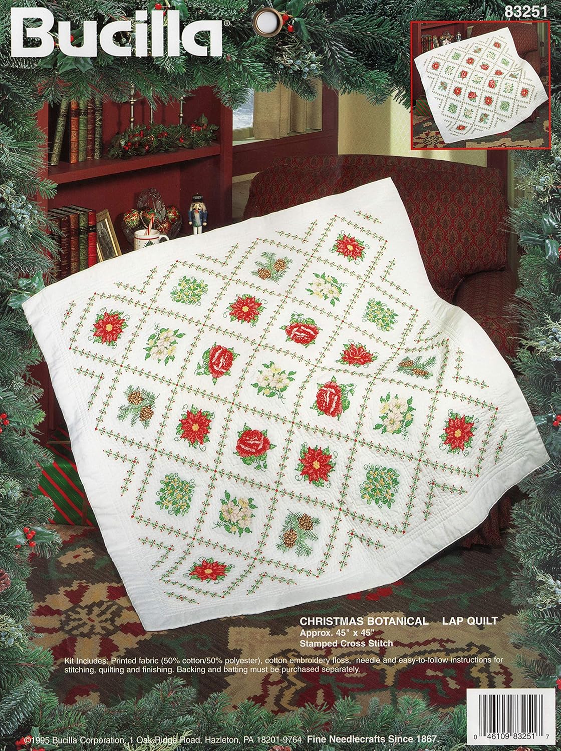 Bucilla - Christmas Botanical - Stamped Cross Stitch Lap Quilt Kit 83251