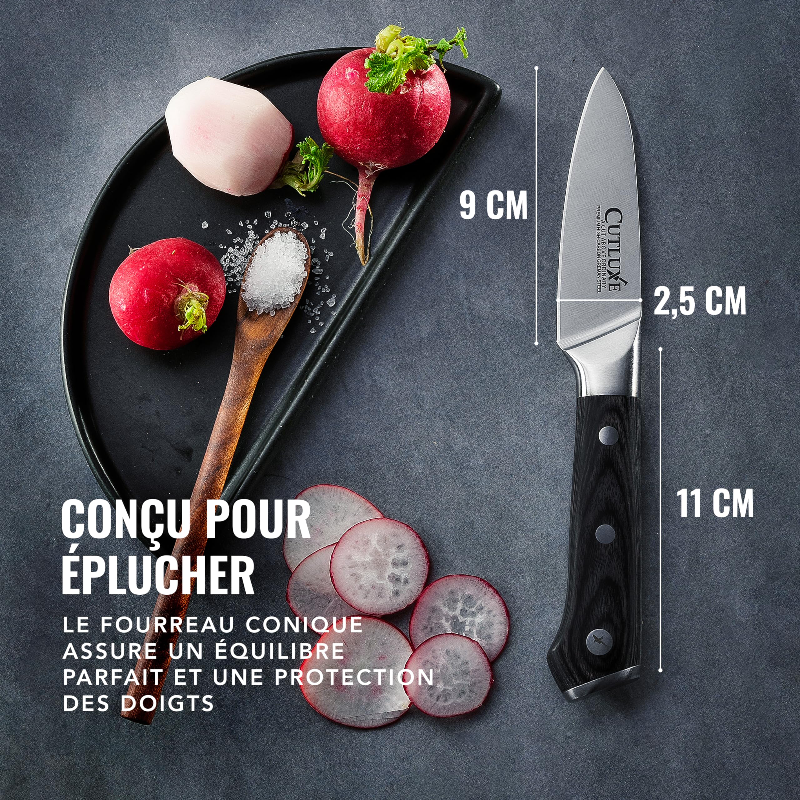Cutluxe Couteau d'Office - Petit Couteau de Chef Professionnel 9cm - Lame Professionnelle en Acier Allemand à Forte Teneur en Carbone - Couteaux de Cuisine Premium à Tang Complet - Série Artisan