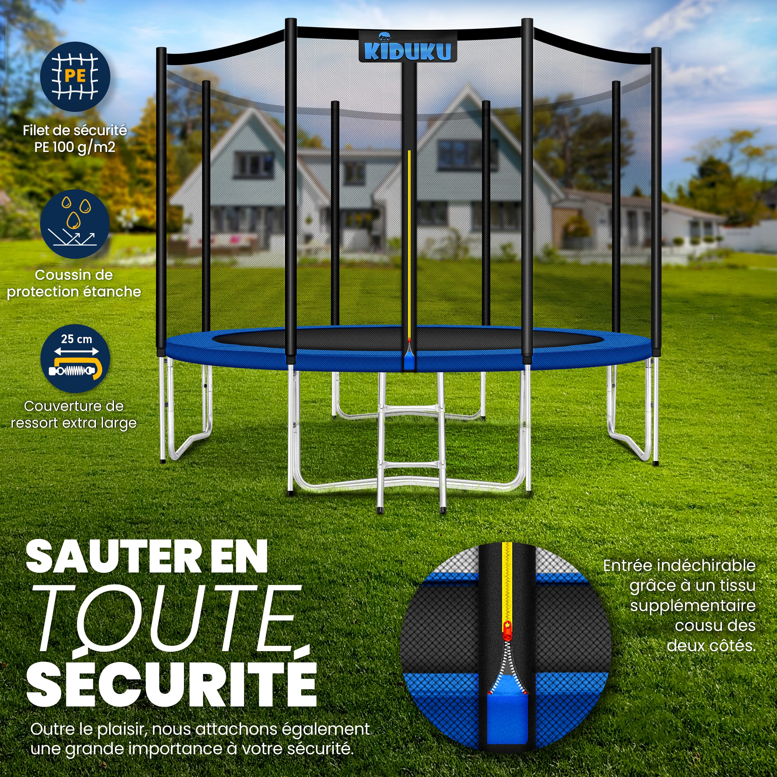 KIDUKU® Trampoline Ø 244/305/366/427 cm | Kit Complet avec Filet de sécurité, échelle, Housse de Bord, ancrage au Sol et Accessoires | Trampoline de Jardin pour Enfants Charge maximale 150 kg