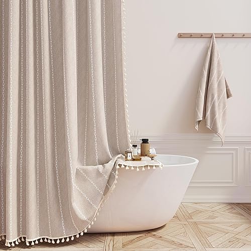 BTTN Boho Farmhouse Shower Curtain, Linen Rustic Heavy Duty Striped Fabric Shower Curtain Set with Tassel, Water Repellent, Bohemian Vintage Country Cloth Shower Curtain for Bathroom, Tan/Taupe, 72x72 - Taupe - 72"W x 72"L (Pack of 1)