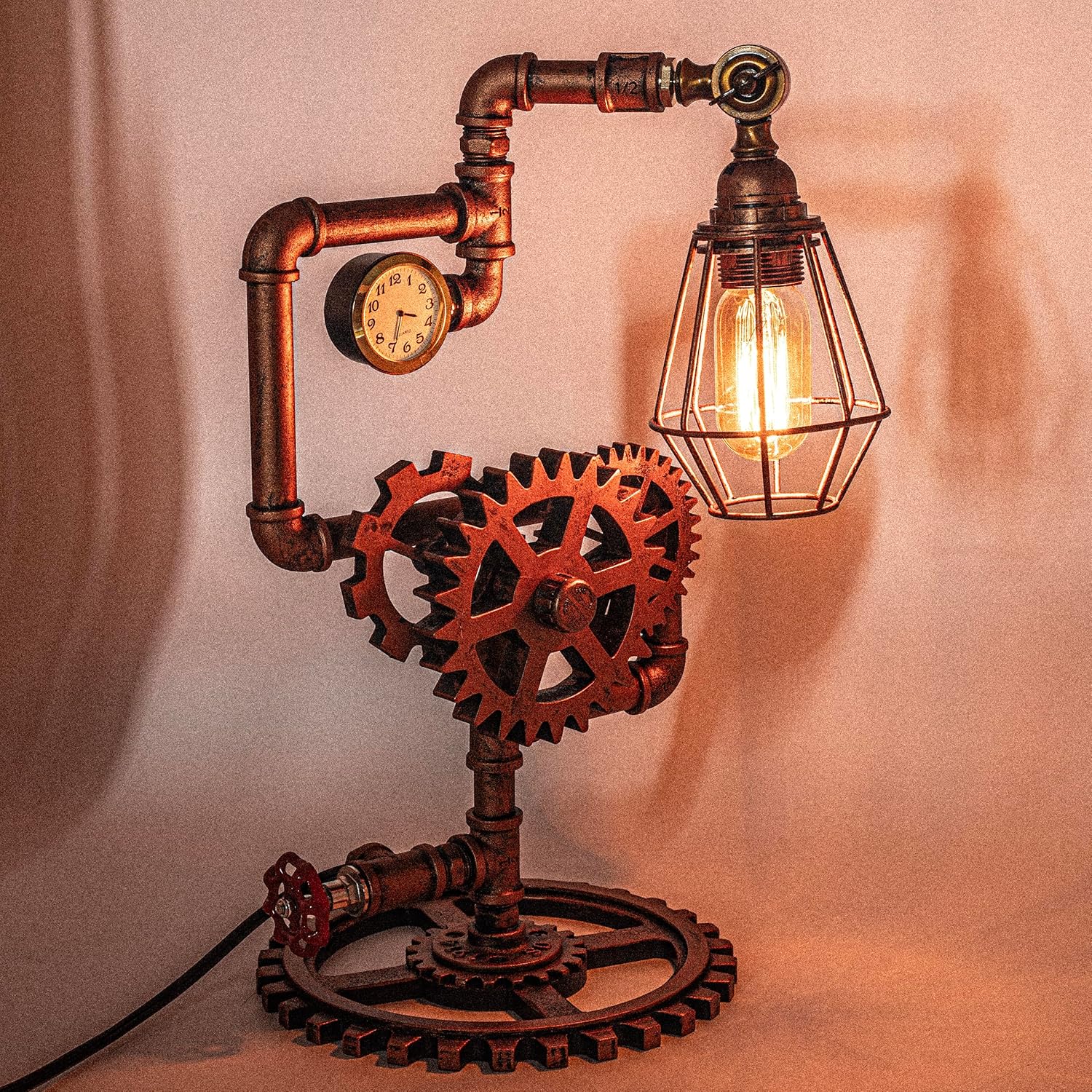 Eclectic Copper Steampunk Pipe Table Lamp with 360° Adjustable Light & Clock (Cage Shade) QTF-BT06