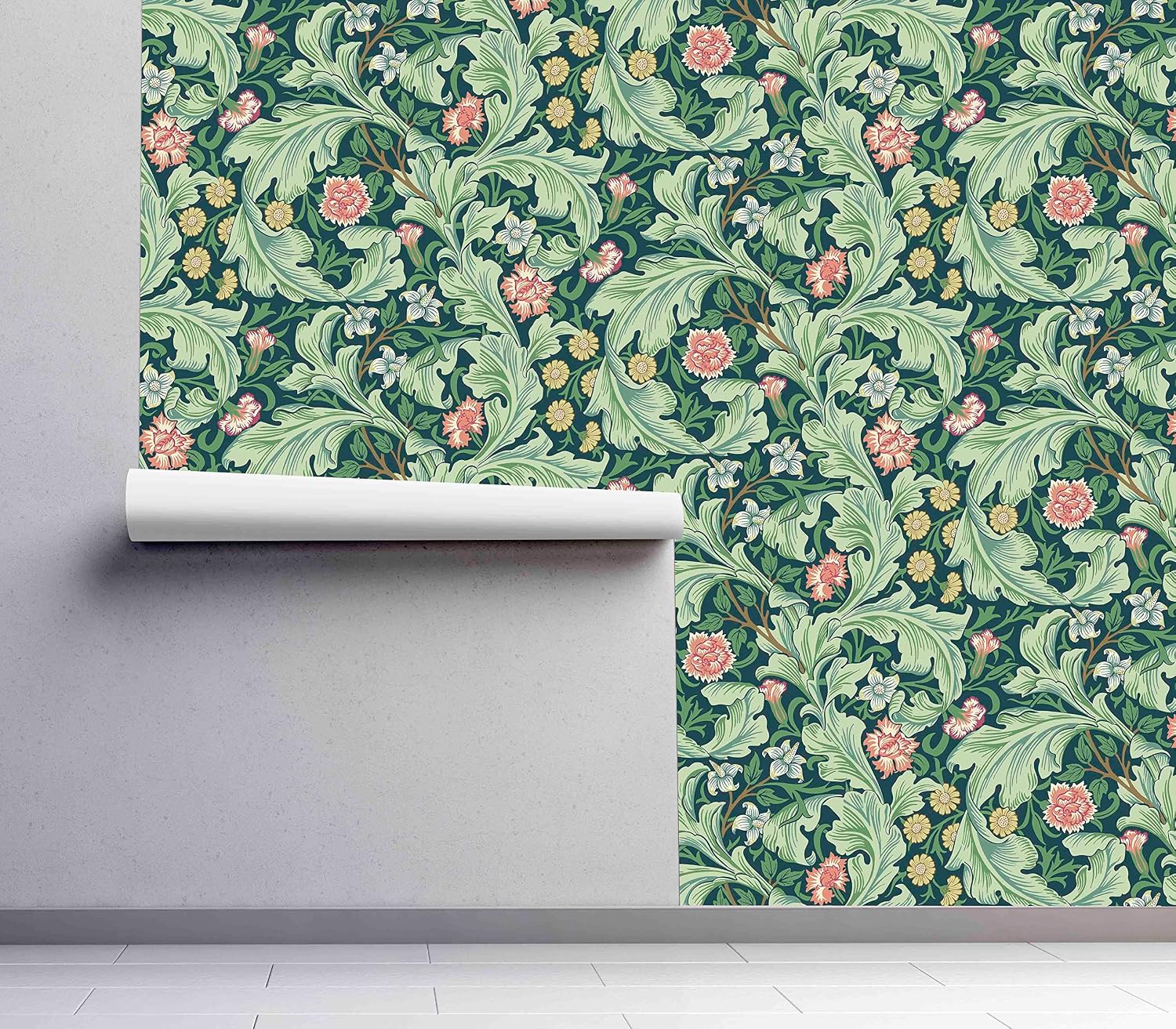 Green Planet Peel & Stick Floral Wallpaper, William Morris Leicester Pattern, Self-Adhesive Removable Wallcovering, Mural Wallpaper (25" W x 150" H)