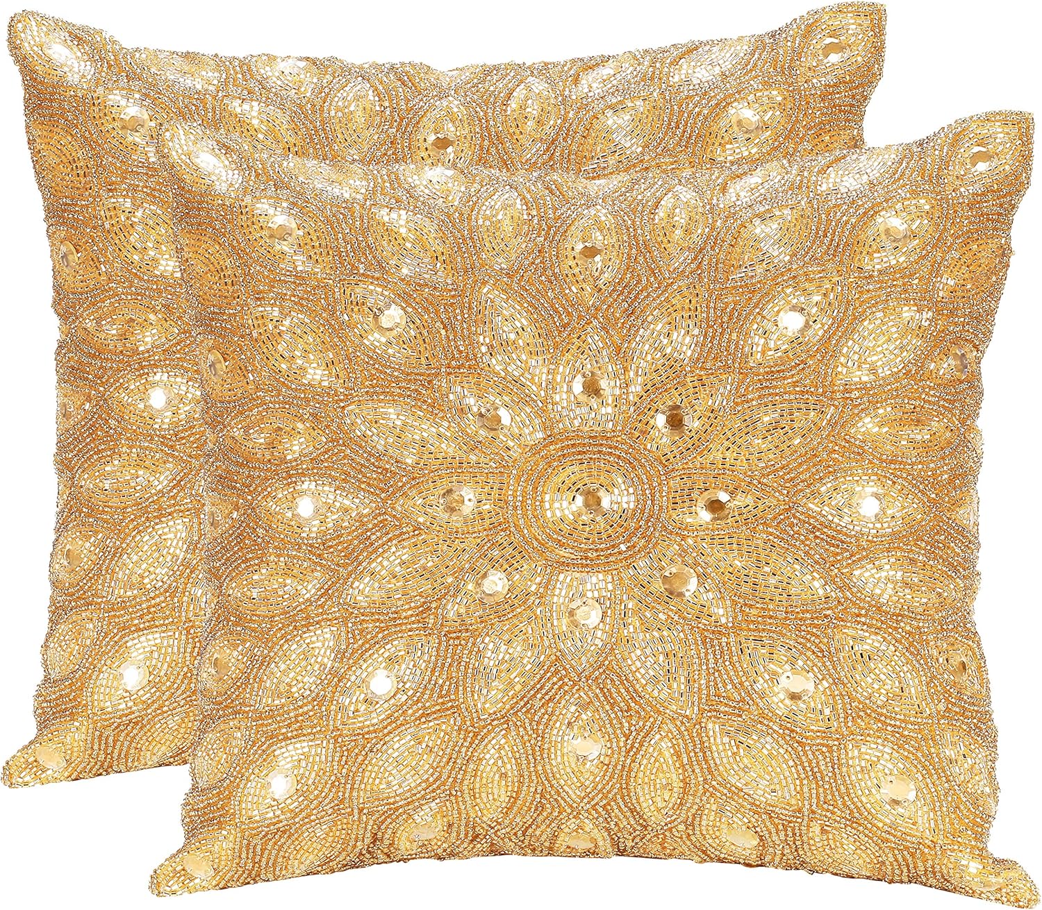 Lightnpro Gold Hand-Beaded Pillow Cover - 12x12 Inch, Handmade by Skilled Artisans - A Beautiful and Elegant Decorative Accent for Couch, Sofa, and Bed - Cover Only (2 Pack)