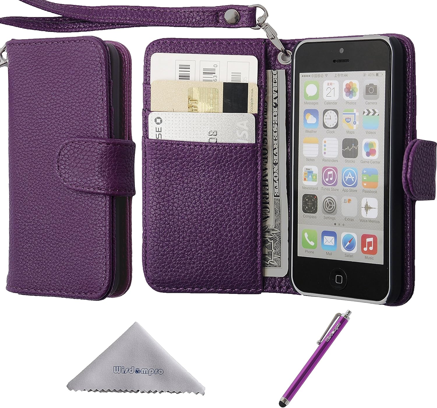 iPhone 5c Case, Wisdompro Premium PU Leather 2-in-1 Protective Flip Folio Wallet Case with Multiple Credit Card Holder/Slots and Wrist Lanyard for Apple iPhone 5c (Purple)