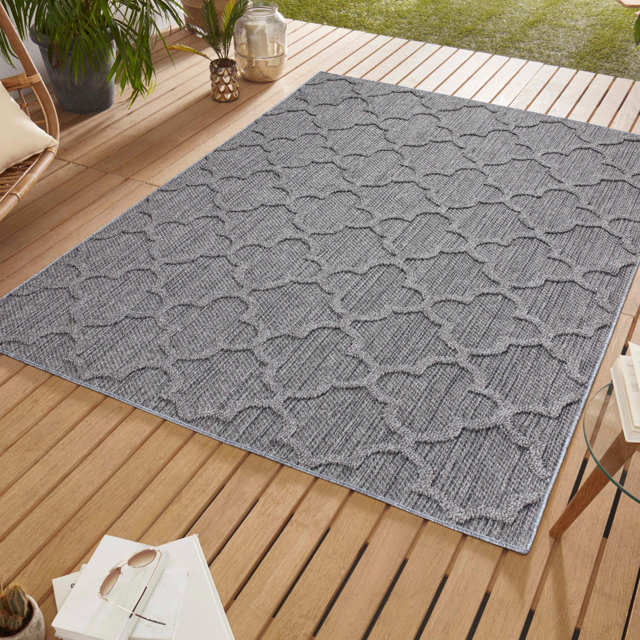 SIMPEX In & Outdoor Bouclé Teppich wetterfest 3D Hoch Tief Effekt für Balkon Terrasse Garten Flur Küche oder Wohnzimmer in verschiedenen Größen